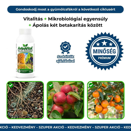 ArboVital flakon, minőségi pecsét, talaj mikroorganizmusokkal, alma és narancs