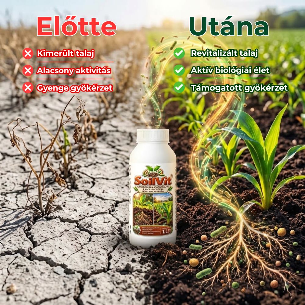 Repedezett, kopár talaj és élő, zöldellő talaj, középen a SoilVit flakon