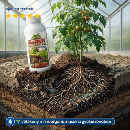 Paradicsomnövény fóliasátorban, a talaj metszetében gyökerek, mellette a SoilVit flakon