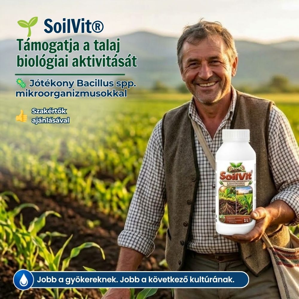 Mosolygó gazda a mezőn, kezében a SoilVit flakon