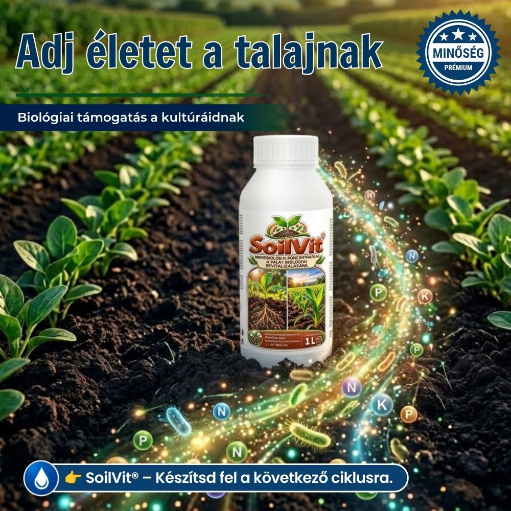 Zöld növénysorok sötét talajon, a SoilVit flakon körül színes részecskék