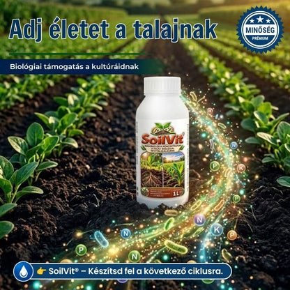 Zöld növénysorok sötét talajon, a SoilVit flakon körül színes részecskék
