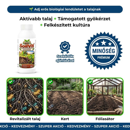 SoilVit flakon, minőségi pecsét, élő talaj gyökerekkel, kert és fóliasátor
